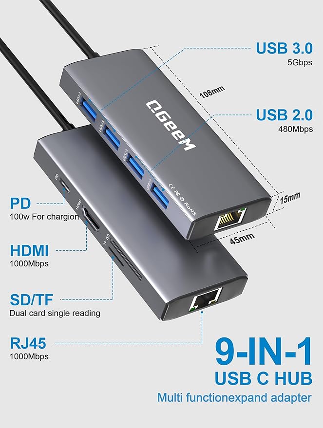 QGeeM USB C Hub Ethernet, 9 in 1 USB Type C Hub HDMI Multi-Port Converter - Image 2