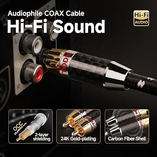 TODN 75-Ohm Coaxial Digital Audio Cable Audiophile 24K Gold-Plated RCA Male - Image 2