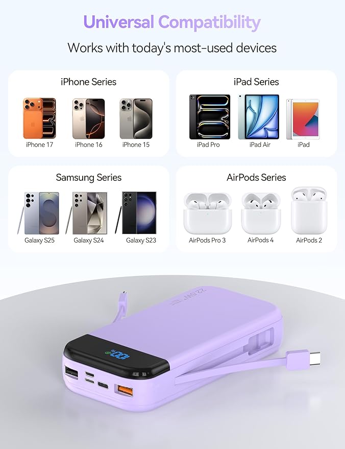 LENGSUM Portable Charger Power Bank Built-in Cables, 32000mAh 22.5W USB C Fast - Image 6