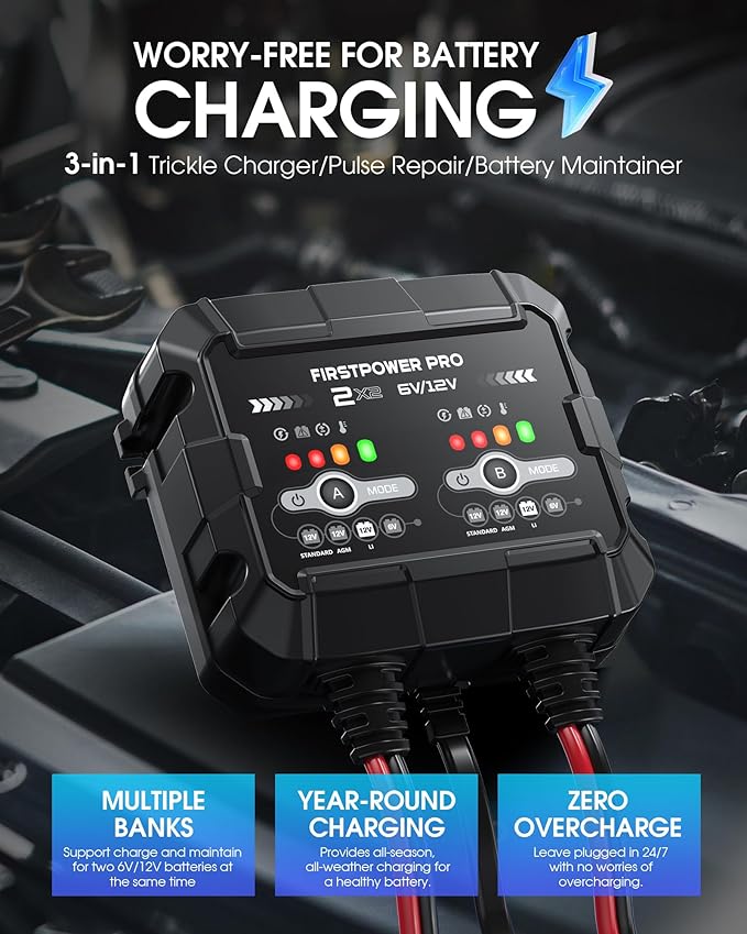 2-Bank, 4A Trickle Charger for Car Battery, 12V 6V Car Battery Charger - Image 3