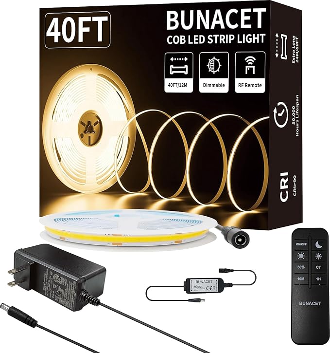 BUNACET COB LED Strip Light 40ft/12m Warm White 3000K High Lumen CRI 90+ by BUNACET