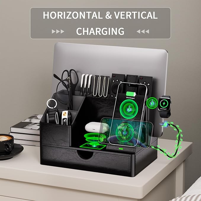 Black PU Leather Multi-Device Charging Station - Image 6