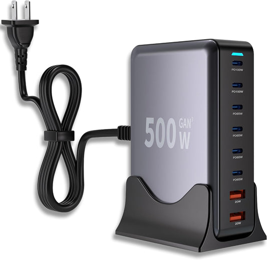 500W GaN USB C Charger Block Charging Station 8 Port Fast Charger Block