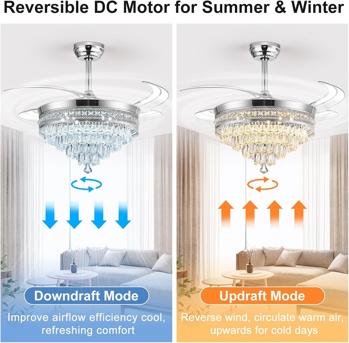 Baotree Chandelier Ceiling Fan with Lights and Remote,42 Inch Modern Flush Mount for Bedroom Indoor, Dimmable LED,Bluetooth Connection,Energy Efficient Quiet Retractable Blades (42 in White)