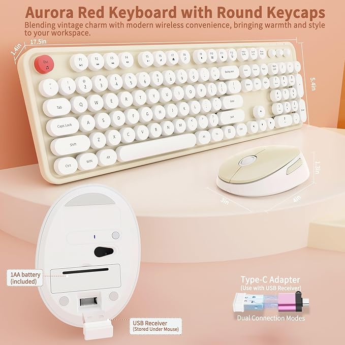 HotFox Wireless Keyboard and Mouse Combo, Full-Size Retro Typewriter Keyboard - Image 3