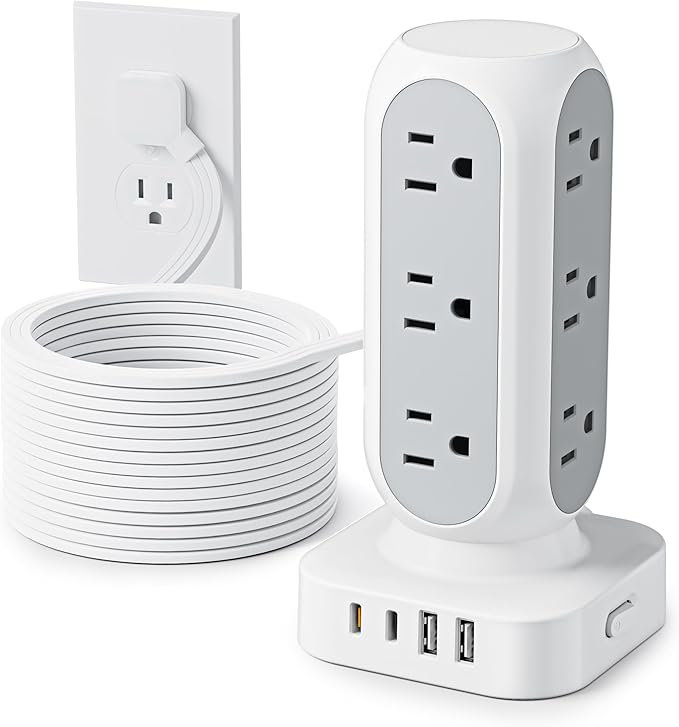 Flat Plug Power Strip Tower 15FT, 40W Total Fast Charging Station, Dual PD 20W by TenTrend