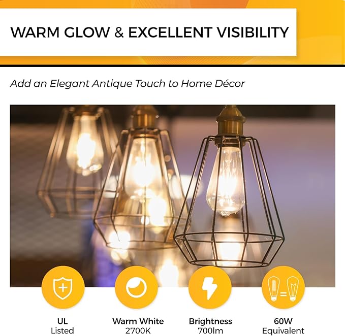 Hizashi Vintage LED Edison Bulb Dimmable, 6W Equivalent 60W, E26 Base Light - Image 2