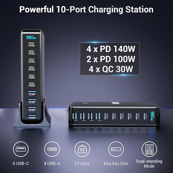 Zeroffi 880W USB C Charger Block, 10-Port USB Fast Charging Station Hub - Image 2