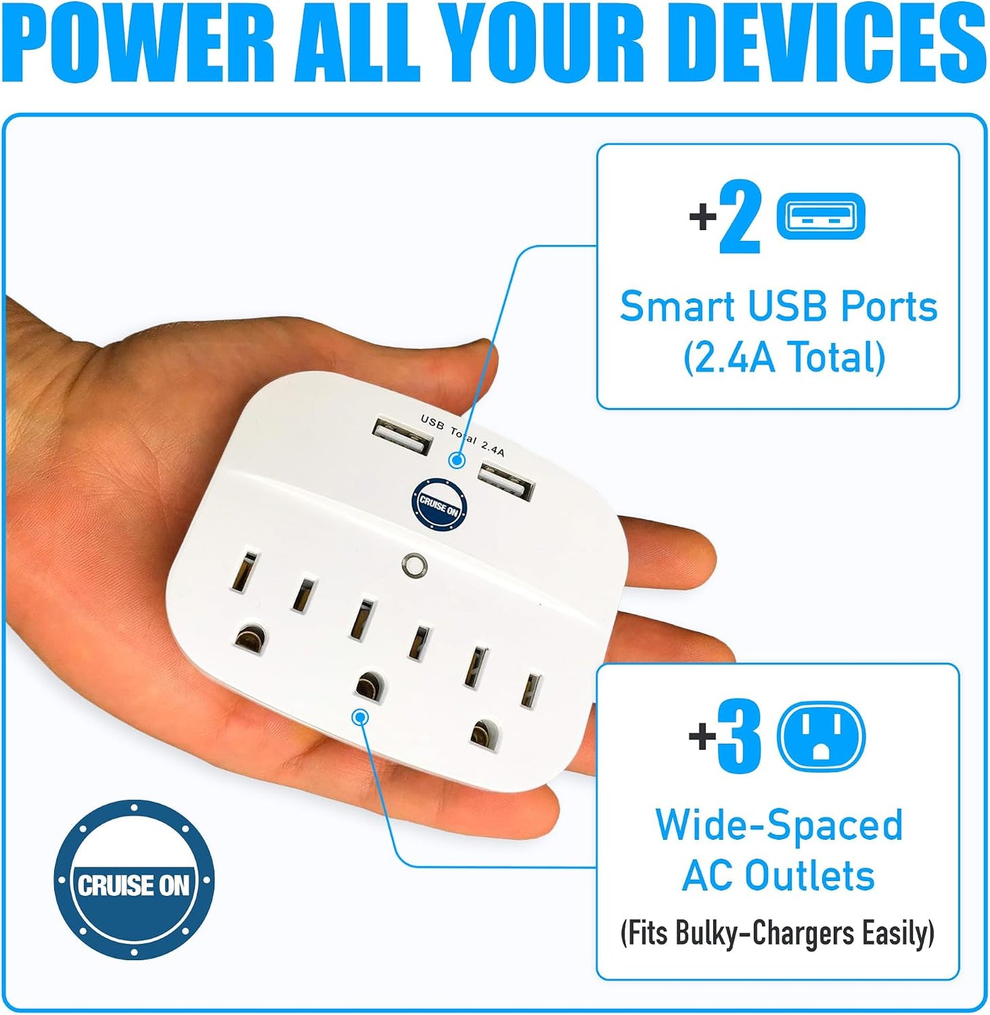Cruise Approved Power Strip - Non Surge Protector for Cruise Ship with 2 USB Outlets - Cruise Ship Essentials 2026 for Carnival, Princess, Norwegian, Holland America, MSC & Major Cruise Lines (White)