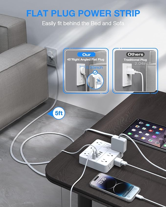 Surge Protector Power Strip 15 Ft Cord, HUNIAN Flat Plug Extension Cord - Image 3
