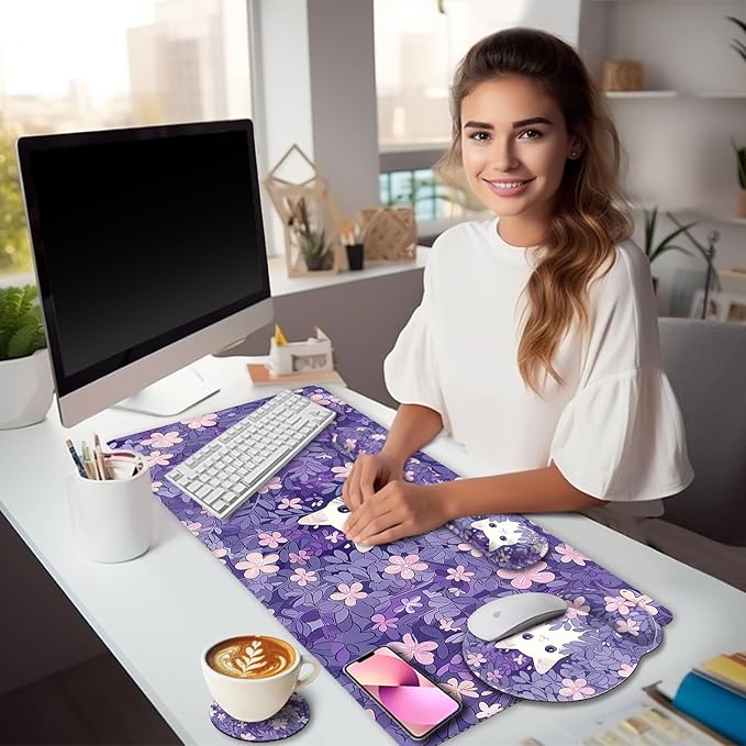 LIMKRIAN Purple Mouse Pad Large Desk Mat Set, Kawaii Cat Computer Mouse Pad - Image 2