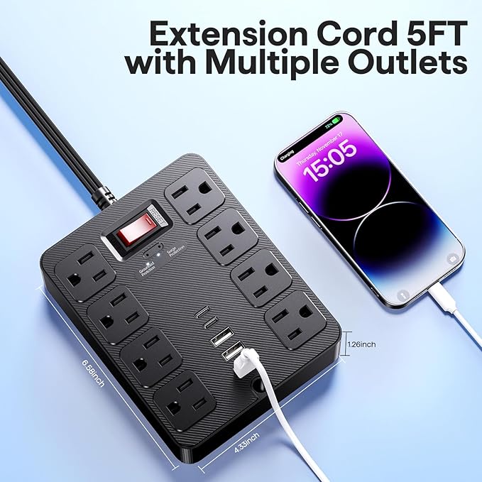 13 in 1 Surge Protector Power Strip Flat Plug 8 Widely AC Outlet 3 USB Ports - Image 6
