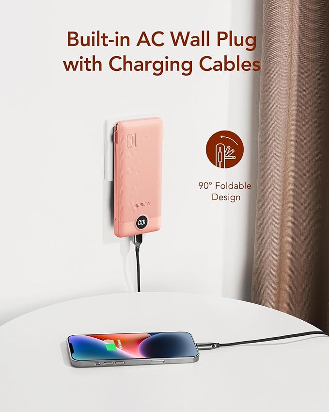VEGER Portable Charger for iPhone Built in Cables and Wall Plug, 10000mah Slim - Image 3