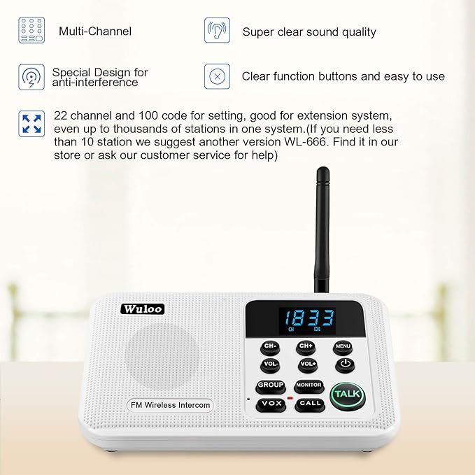 Wuloo Intercoms Wireless for Home 1 Mile Range 22 Channel 100 Digital Code - Image 2