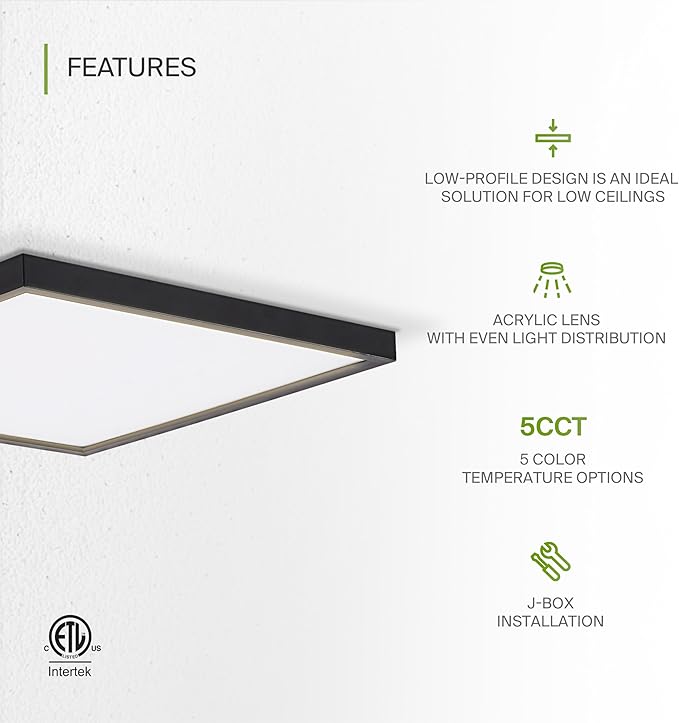 ASD LED 12" Square Flush Mount Ceiling Light Fixture, Low Profile Surface - Image 3