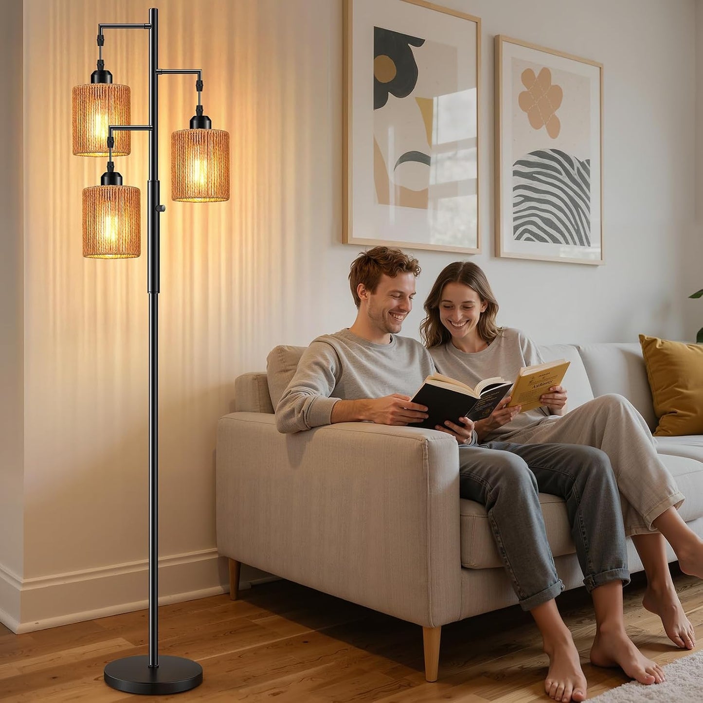 Hotsonic 72" Boho Rattan Tree Floor Lamp, Tall Dimmable Industrial Standing Lamp, Corner Decor Accent Lighting for Living Room, Bedroom, Dining Room, Nursery, Cafe (3 x 800LM Bulbs Included) - Black