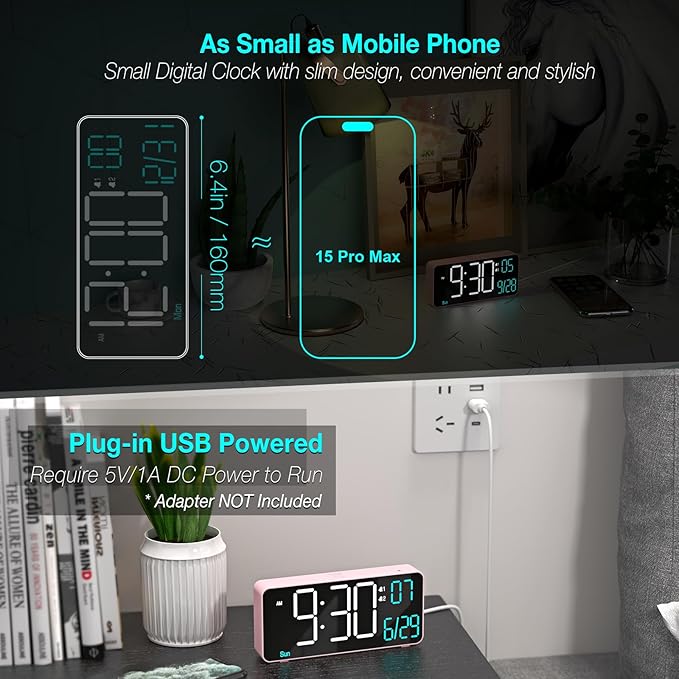KOSUMOSU Alarm Clocks for Bedrooms, 6.7in Small Digital Clock, Auto Dimming - Image 2
