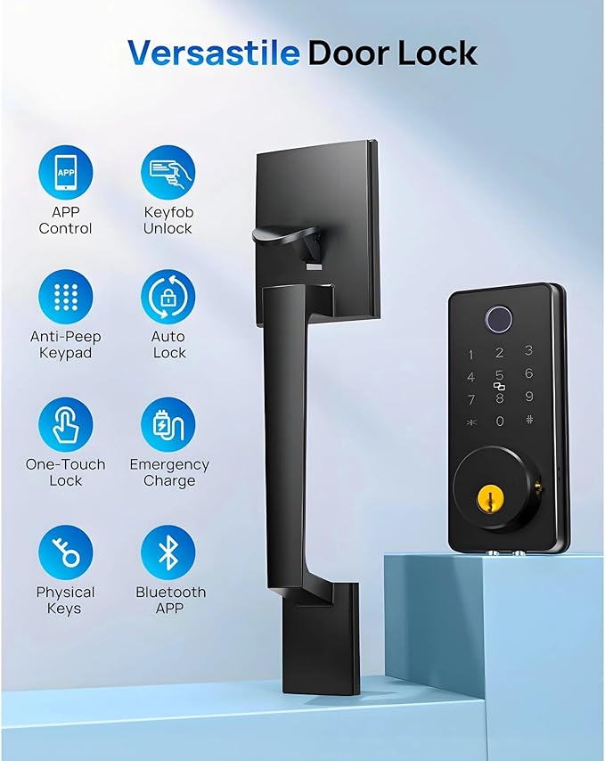 Smart Keyless Entry Door Lock Set w/Front Door Handle, 0.1s Fingerprint - Image 7