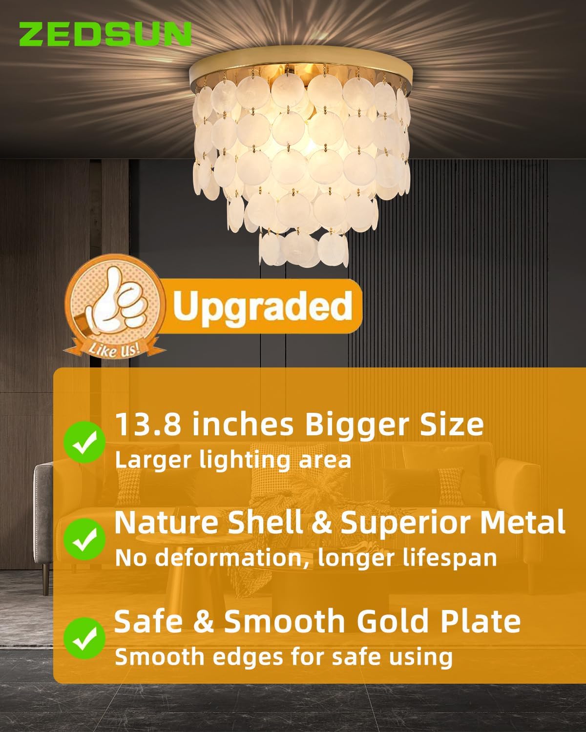 Capiz Shell Chandelier with 3 Tier Shell H12.3'' x D13.8'' Gold Metal Light Fixtures Flush Mount Chandeliers Modern Lighting Fixture for Bedroom Bathroom Office,(More Additional Shell Parts Included)