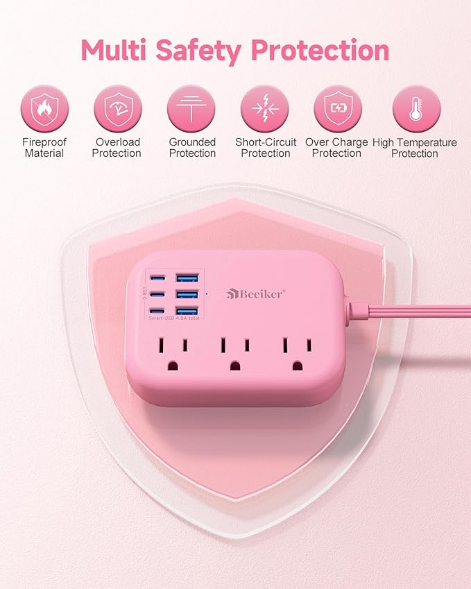 6 USB Pink Power Strip- 5Ft Extension Cord - Image 6