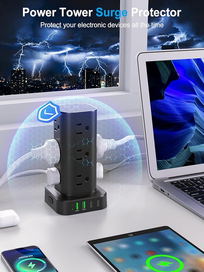 Power Strip Tower with Wireless Charger, Flat Plug Surge Protector Tower with - Image 6