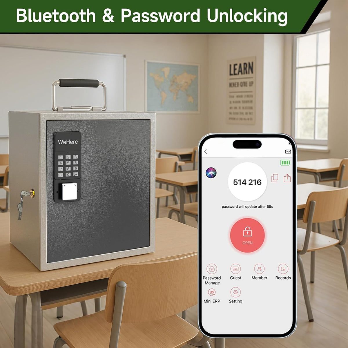 36 slots cell phone locker with smart lock on a desk or shelf
