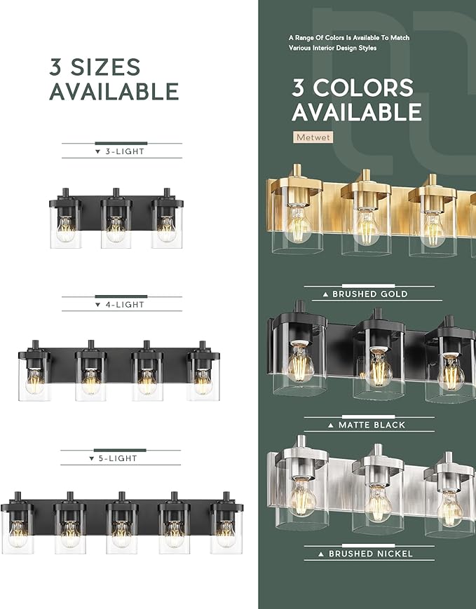 METWET Bathroom Light Fixtures Over Mirror, 3-Light Matte Black Vanity Light - Image 7