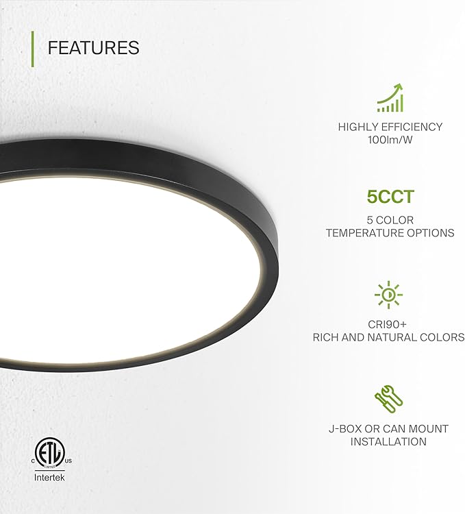 ASD LED 12" Round Flush Mount Ceiling Light Fixture, Low Profile Surface - Image 3