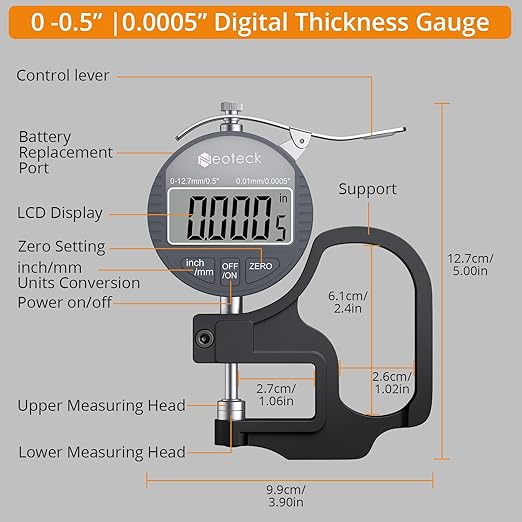 Neoteck Digital Thickness Gauge 0.5inch/12.7mm, 0.0005inch/0.01mm LCD Display - Image 6