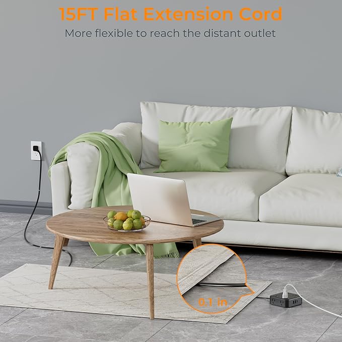 15 FT Extension Cord, TESSAN Ultra Thin Flat Plug Power Strip Surge Protector - Image 2