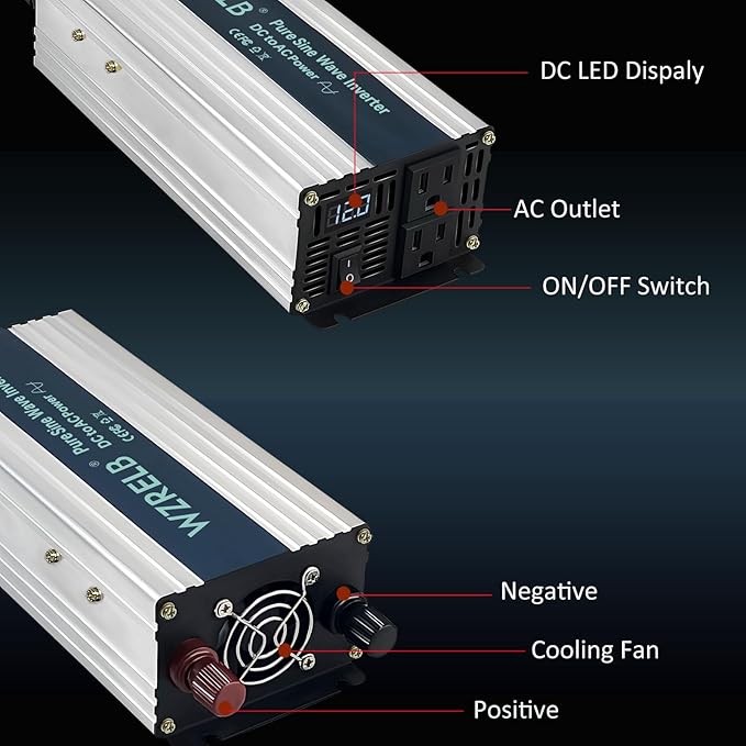 WZRELB 1000W Pure Sine Wave Inverter 12V DC to 110V 120V AC Power Converter - Image 3
