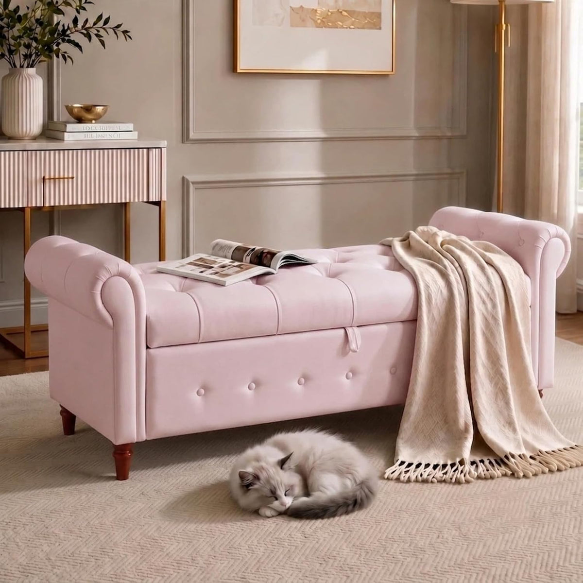 63'' storage ottoman bench, upholstered bed bench, pink, main product view