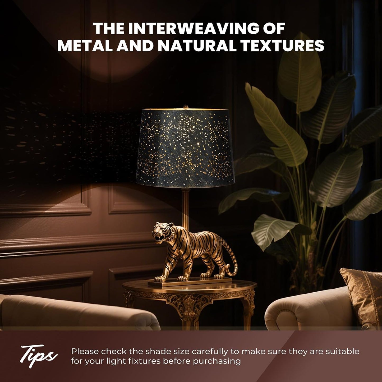 Etched Starlight Metal Lamp Shade Replacement for Table Floor Lamps | Drum Lampshade 12" Top x 14" Bottom x 10" High, Antique Bronze Exterior Gold Interior, Spider Fitter