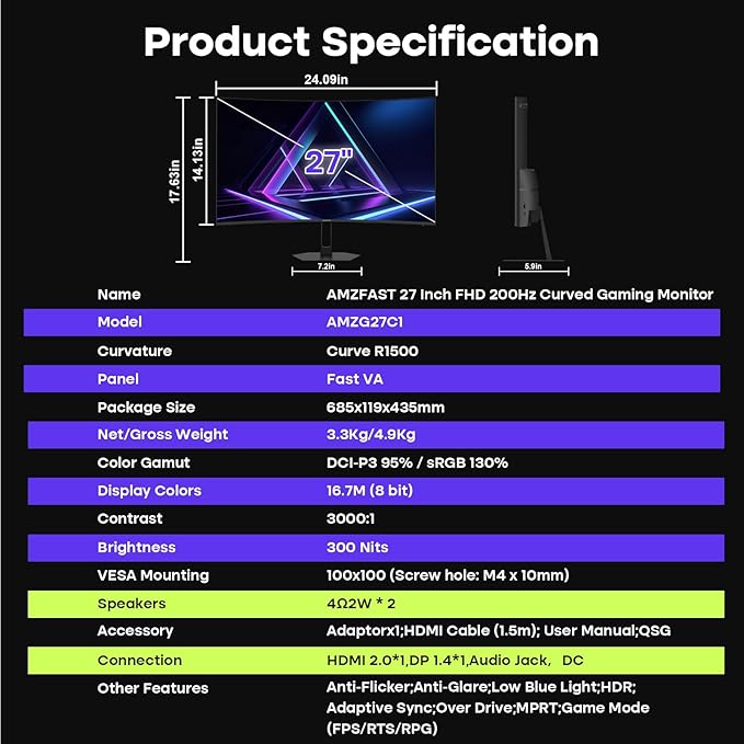 Amzfast 27 inch 200Hz Curved Gaming Monitor, FHD 1080P Computer Monitor - Image 9