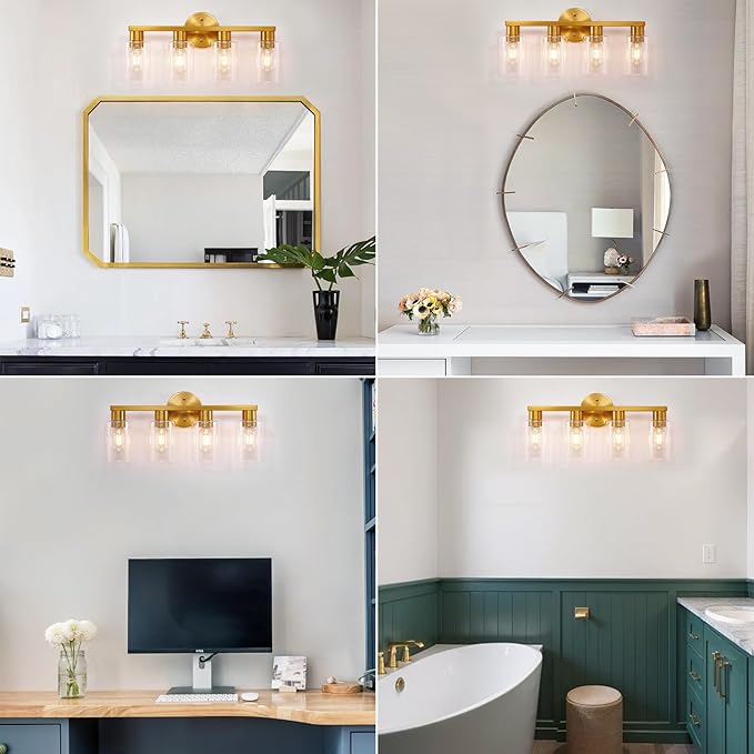 4 Light Gold Bathroom Vanity Light, Brushed Brass Bathroom Light Fixtures - Image 8