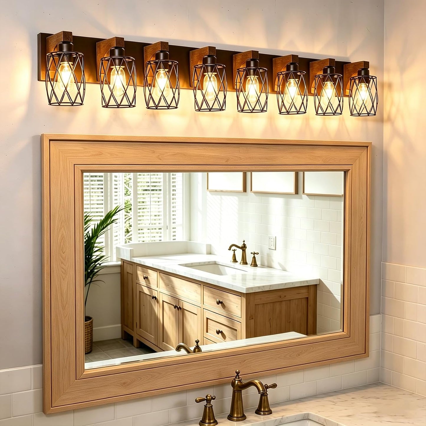 RVONOW 8-Light Farmhouse Bathroom Light Fixtures with Metal Shade | Rustic Bathroom Vanity Light with E26 Base for Bedroom Living Room Hallway, Black