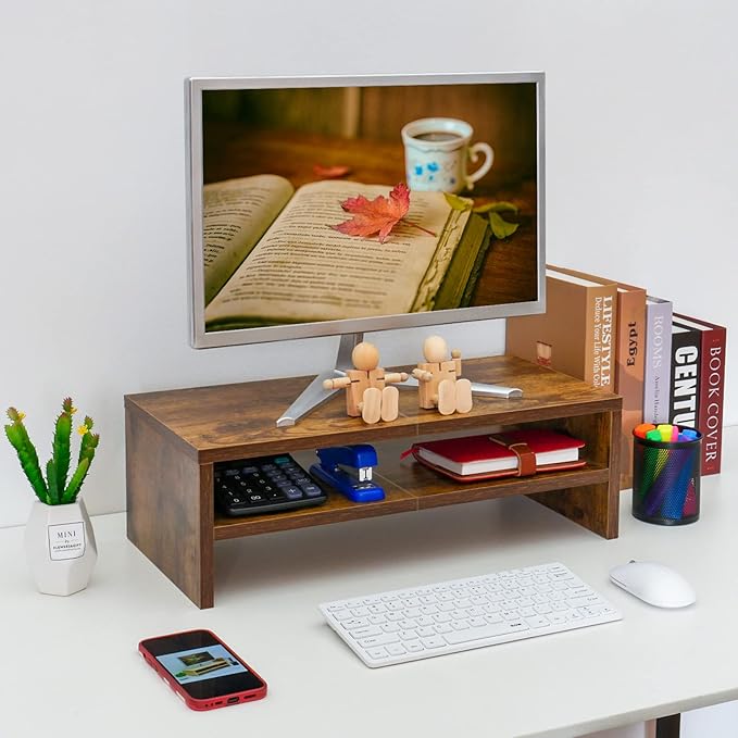 TEAMIX 2 Tier Wooden Monitor Riser Stand, Desktop Stand - Image 3