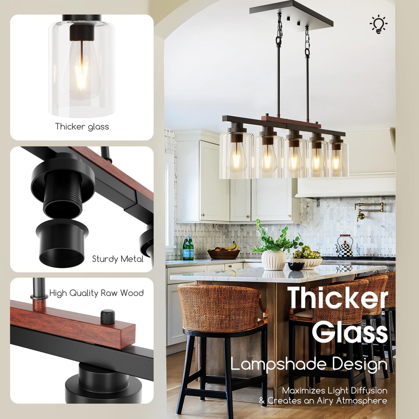 5-Light Dining Room Light Fixture 33.4" Kitchen Island Lighting | Linear Chandelier, Clear Glass Shades, Adjustable Height,for Kitchen Island, Dining Room