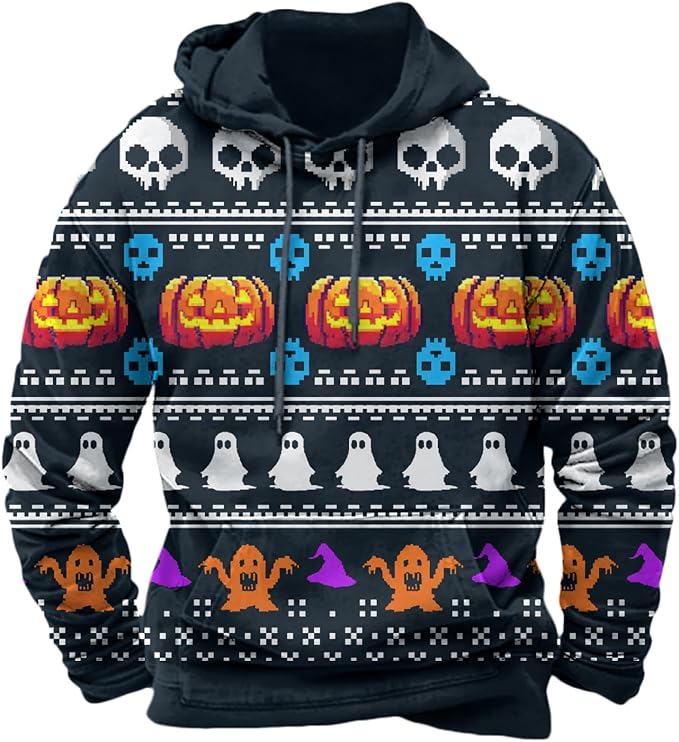 Halloween Hoodie Men Graphic Pumpkin Ghost Printed Sweatshirt Casual Trendy by Spatofa