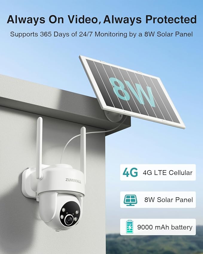 ZUMIMALL 24/7 Recording 4G LTE Cellular Security Camera, No WiFi AOV Solar - Image 2