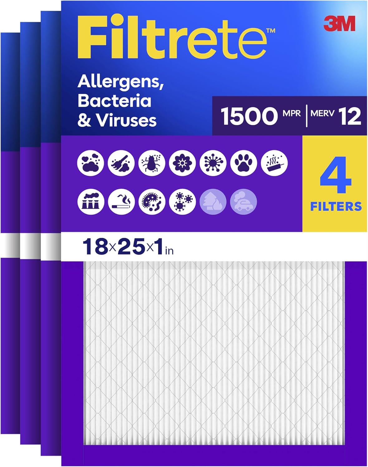 Filtrete 18x25x1 Air Filter, MERV 12, MPR 1500, Allergens, Bacteria & Viruses, 3-Month AC and Furnace Filters, Cleaner Air, Reliable Airflow, 4 HVAC Filters (Actual Size 17.81 x 24.81 x 0.78 in)