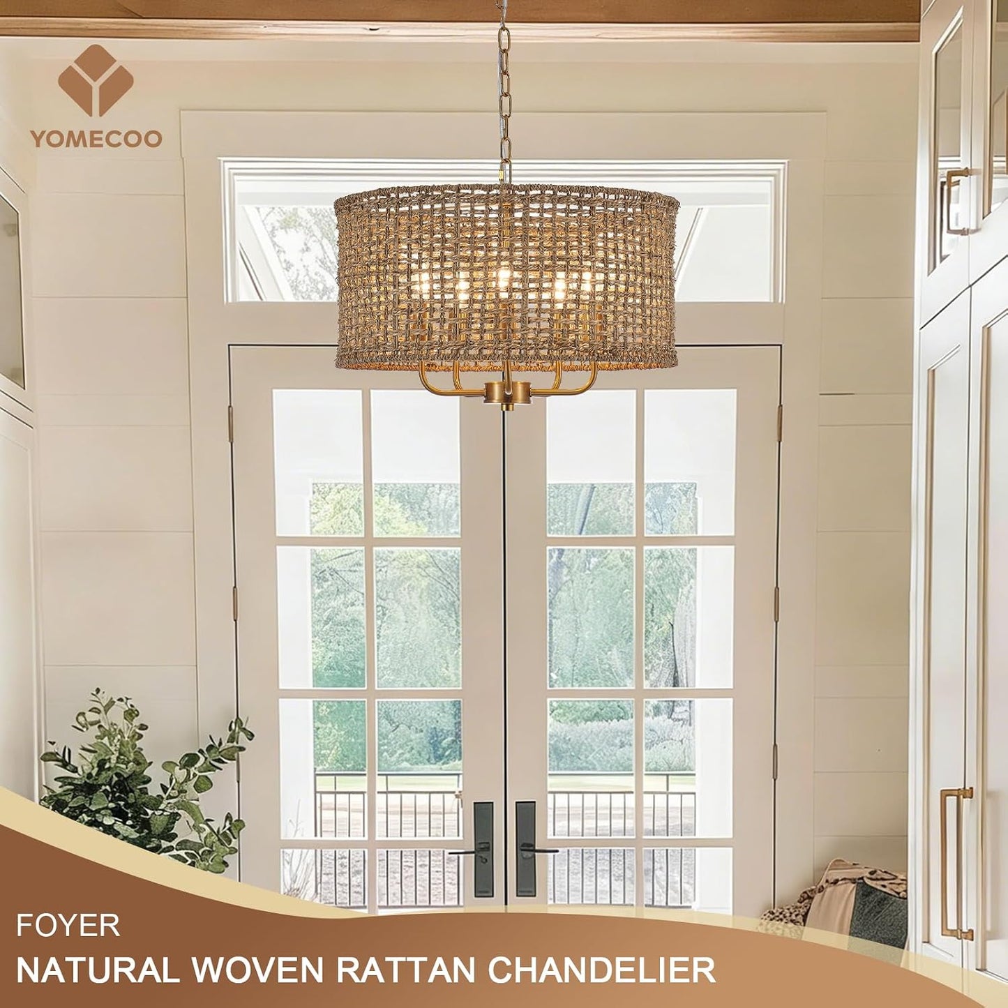 19.7" Gold Rattan Chandelier, 5-Light Boho Wicker Light Fixture | Hand-Woven Rattan Pendant Light; Adjustable Chain; Farmhouse Basket Drum Chandeliers for Dining Room, Kitchen Island, Bedroom