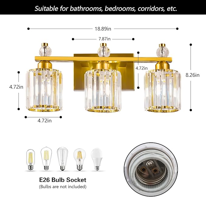 FDPBY Bathroom Vanity Lights 3-Light Gold Modern Crystal Vanity Light Fixtures - Image 5