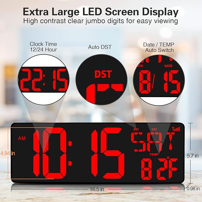 XREXS Large Digital Wall Clock WiFi Sync, 16.5 in Large Display Wall Clock - Image 3