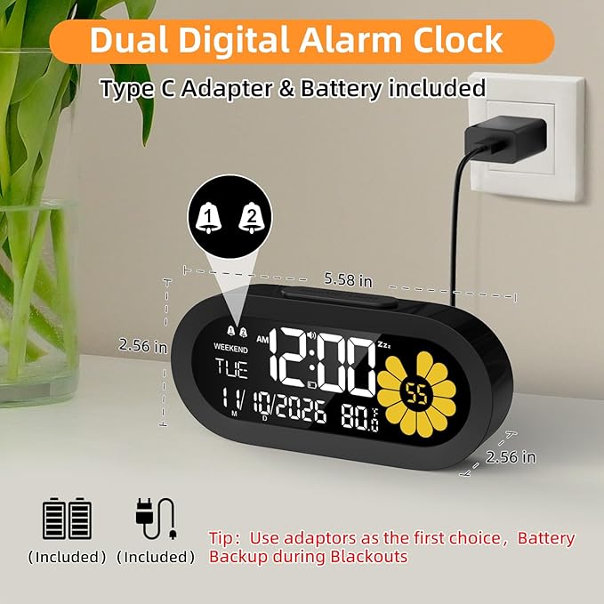 DOOMAY Digital Alarm Clock for Bedroom: Dual Alarm Bedside Clock VA LCD Display - Image 2