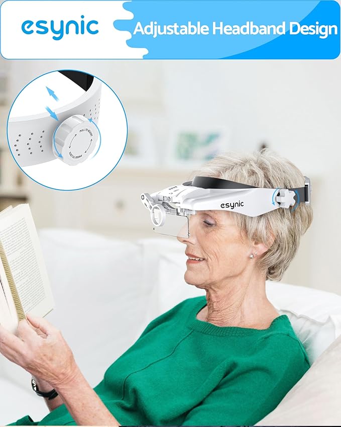 eSynic Head Magnifier with 2 LED Light-1.5X-13X Magnification with 5 Acylic - Image 4