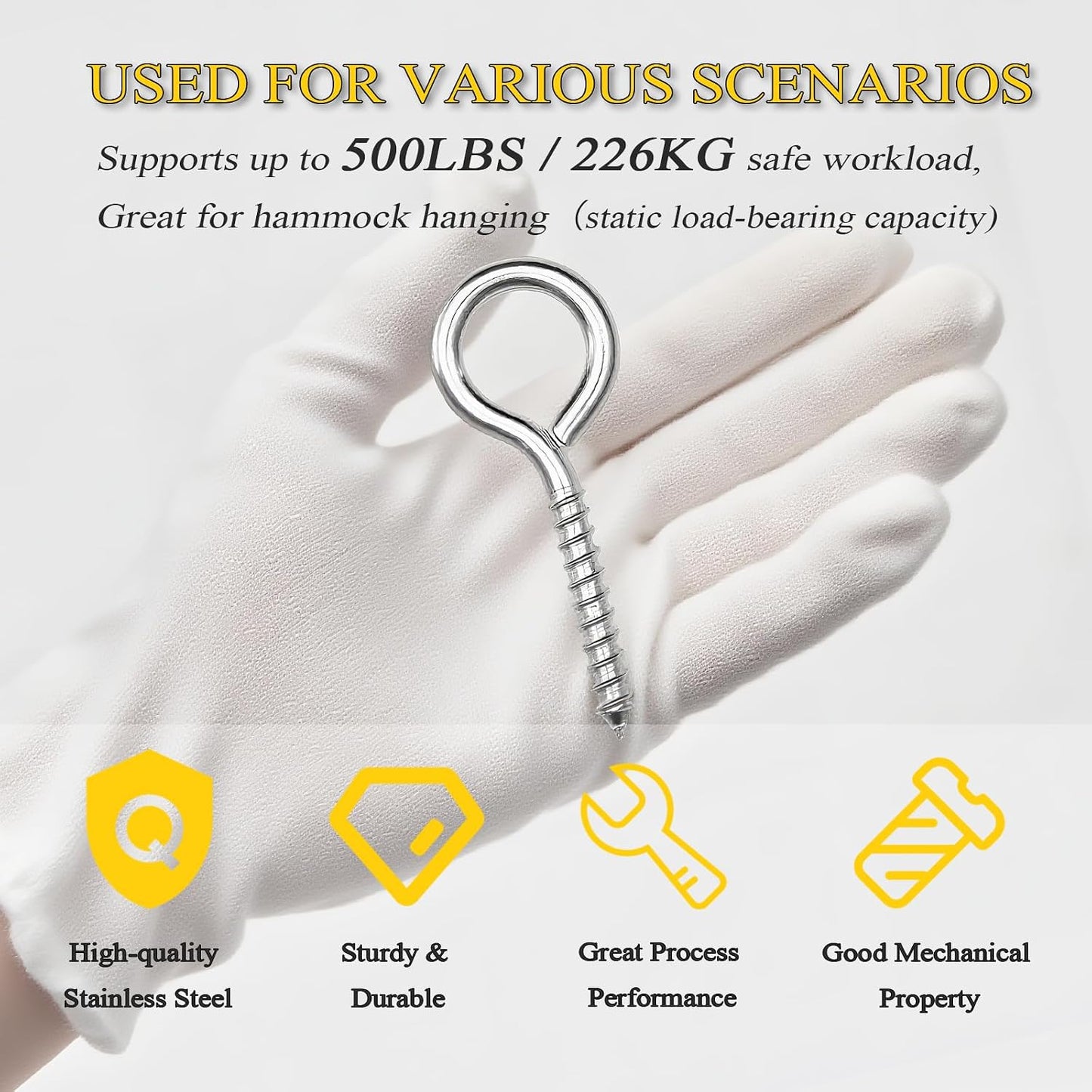 4PCS 4 Inch Size 304 Stainless Steel Eye Screws - M8 Heavy Duty Eye Hooks | Large Metal Screw Eye Hooks Loads 500LBS, Heavy Duty Eye Bolts for Hanging Hammock, Plant & Securing Cable Indoor & Outdoor
