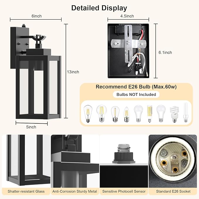 LTBLIGHT 2-Pack Dusk to Dawn Outdoor Wall Lights, Modern Black Sensor Porch - Image 5