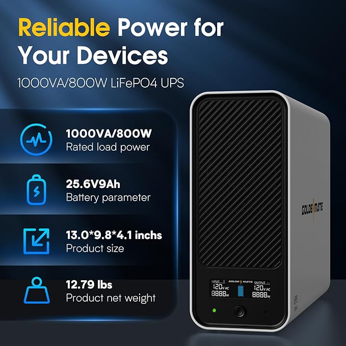 GOLDENMATE 1000VA/800W Lithium UPS Battery Backup and Surge Protector, Sinewave - Image 2