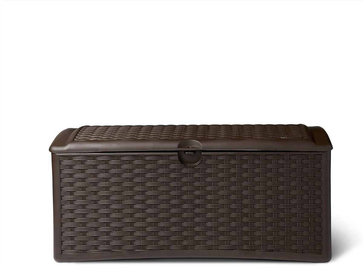 suncast 72 gallon resin outdoor patio storage box, front angle view